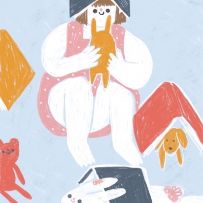 Desenho colorido de uma pessoa e três animais com chapéus em forma de telhado sobre fundo azul.