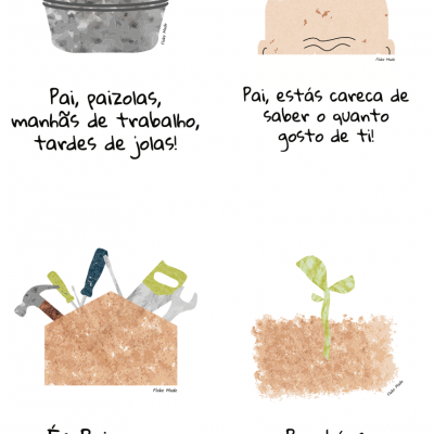 Ilustrações de temas relacionados com pai: caixa com garrafas, cabeça careca, caixa de ferramentas e rebento, com frases em português.