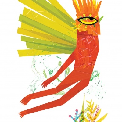 Ilustração de figura estilizada vermelha com asas amarelas e cabeça alaranjada com grande olho.