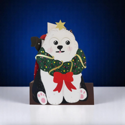 Cartão de natal formato cão com gola verde e laço vermelho