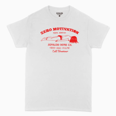 T-shirt branca com estampa vermelha de figura deitada e texto motivacional