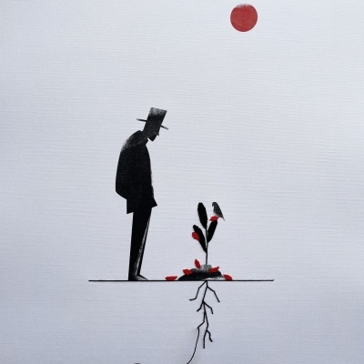 Ilustração minimalista de homem com chapéu e planta com flores vermelhas