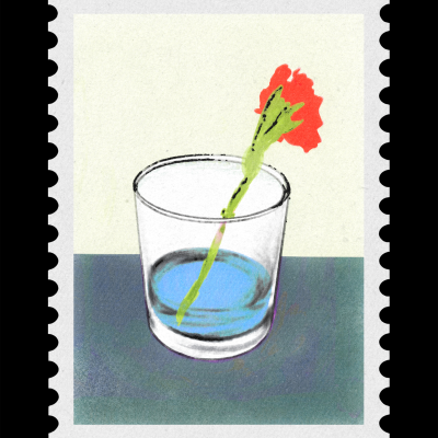 Carimbo com imagem de copo transparente com líquido azul e flor vermelha no interior