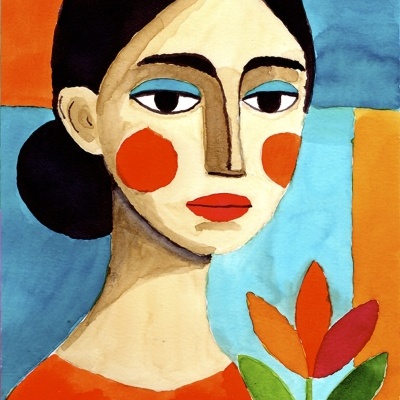 Pintura aguarela mulher com rosto estilizado e flor colorida