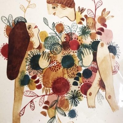 Ilustração artística de duas figuras humanas com padrões florais e folhas coloridas