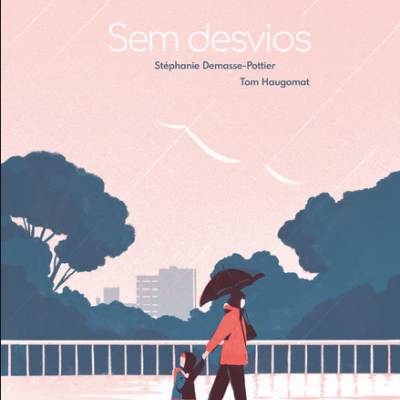 Capa de livro com ilustração de adulto e criança com guarda-chuva num cenário com árvores e chão molhado