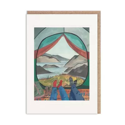 Cartão postal com ilustração de cenário natural visto de tenda verde.