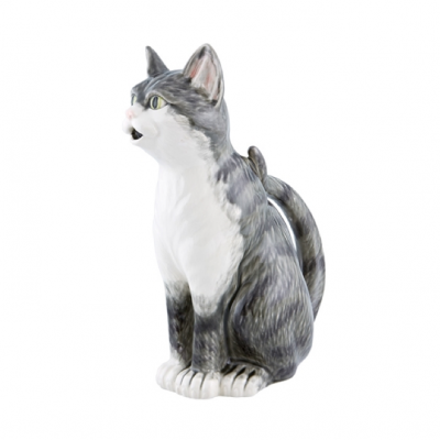 Estatueta de gato cinza e branco em porcelana