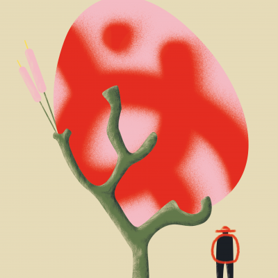 Ilustração abstrata com forma vermelha, galho verde e figura humana estilizada