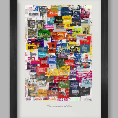 Poster colorido com nomes de bandas emoldurado em preto.