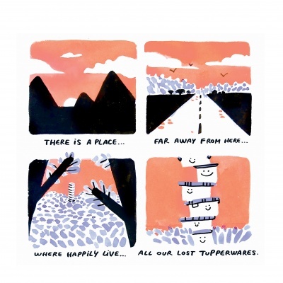 Quadrinhos com desenhos coloridos e texto sobre um lugar com Tupperwares perdidos