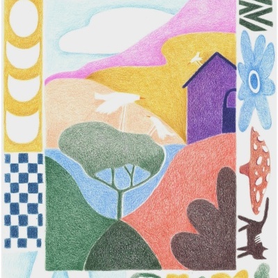 Ilustração colorida com paisagem, flores, gato e padrões geométricos