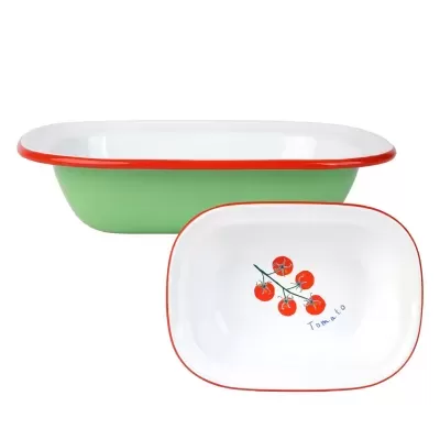 Conjunto de tigelas esmaltadas com desenho de tomates e borda vermelha