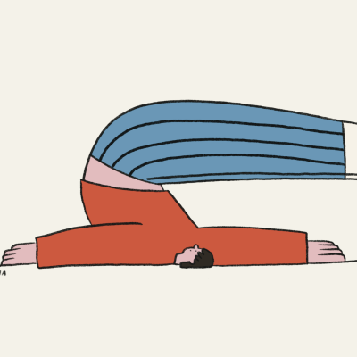 Desenho de pessoa vestida com calças azuis listradas e camisola vermelha deitada