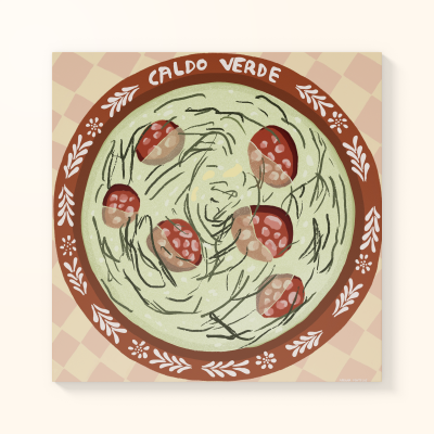 Ilustração de prato com caldo verde decorado e texto CALDO VERDE