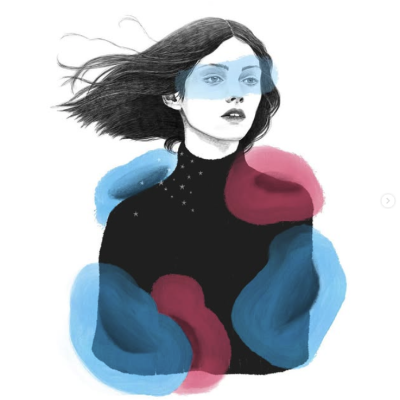 Ilustração digital de mulher com cabelo preto e manchas coloridas abstratas