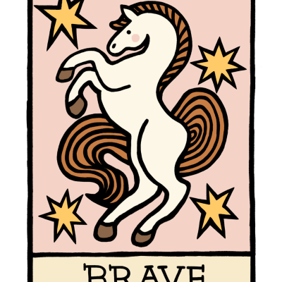 Carta ilustrativa com cavalo branco e texto BRAVE