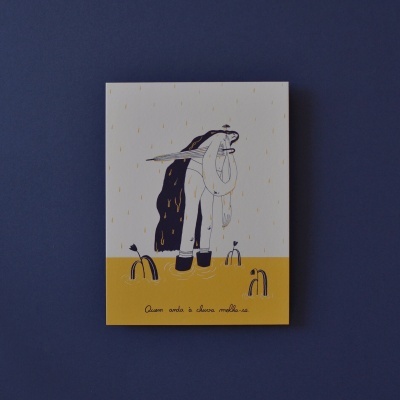 Cartaz ilustrativo com figura humana estilizada, frase em português e fundo amarelo e branco