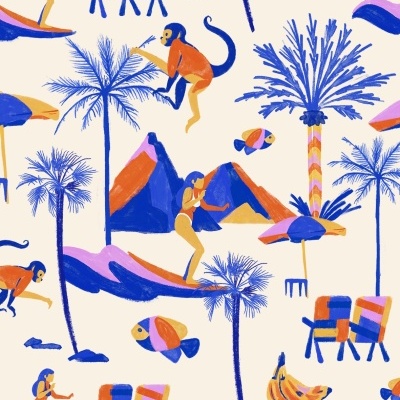 Padrão colorido com macacos, palmeiras, peixes, cadeiras, surfistas e montanhas