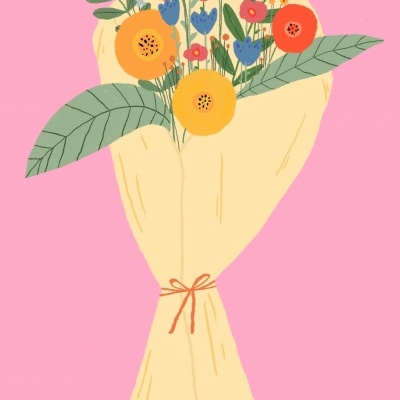 Ramo de flores ilustrado em papel creme amarrado, fundo rosa com padrão ondulado branco