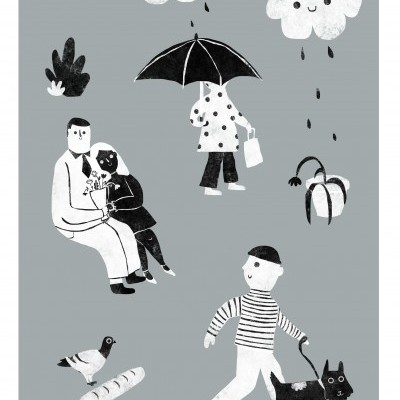 Ilustração de personagens e nuvens em tons de cinza, preto e branco