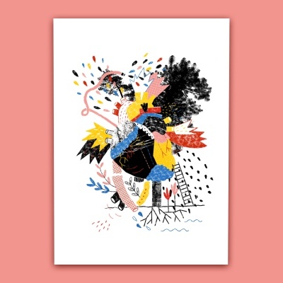 Ilustração abstrata colorida sobre fundo branco com formas e padrões variados.