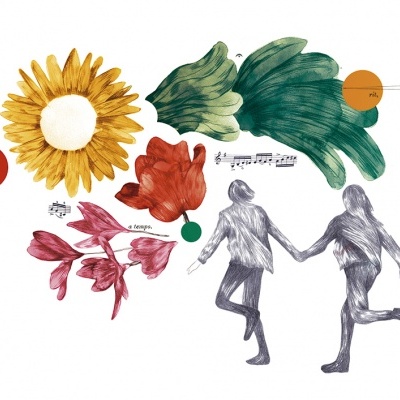 Ilustração com flores coloridas, folhas verdes, figuras humanas cinzentas e notas musicais