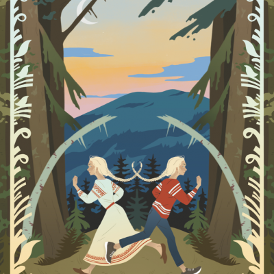 Ilustração de duas mulheres a correr numa floresta com montanhas ao fundo ao pôr do sol