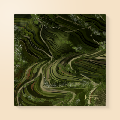 Pintura abstrata em tons de verde com padrões ondulados e vegetação