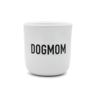 Copo branco de cerâmica com texto 'DOGMOM' a preto