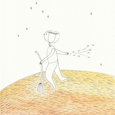 Desenho minimalista de uma figura humana numa superfície arredondada amarela com uma vassoura e estrelas ao redor
