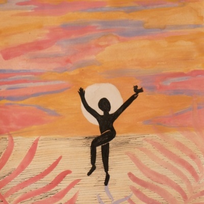 Ilustração de figura humana a dançar com pássaro e folhas coloridas ao pôr do sol