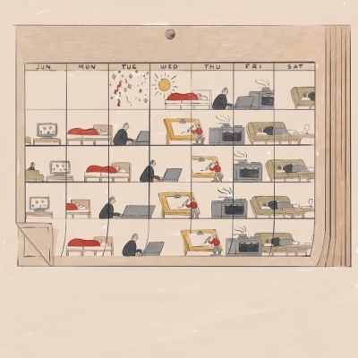 Calendário ilustrado com atividades diárias em diferentes dias da semana