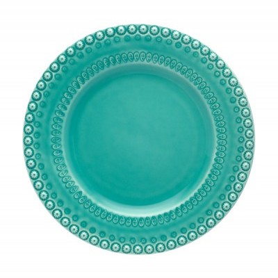 Prato turquesa com padrão decorativo na borda