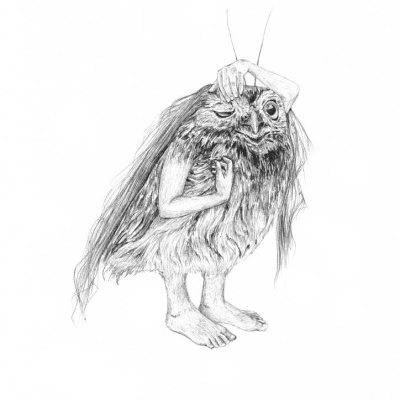 Desenho de figura antropomórfica com corpo peludo e membros humanos em fundo branco