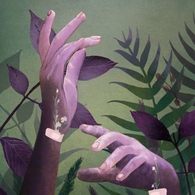 Ilustração digital de mãos lilás e castanho com flores e folhas em fundo verde