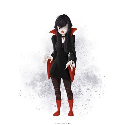 Ilustração de personagem feminina com vestido preto e gola vermelha alta, meia-calça riscada e botas vermelhas