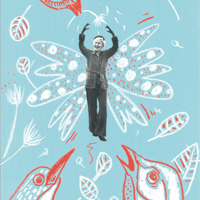 Ilustração artística com homem em preto e branco rodeado por pássaros e elementos naturais desenhados em vermelho e branco sobre fundo azul