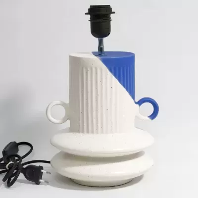 Base de candeeiro cerâmica branca e azul com duas pegas circulares
