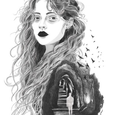 Desenho de jovem com cabelo ondulado e transformação artística em caverna com escadas e aves.