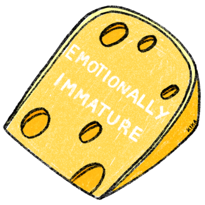 dado amarelo com pontos pretos e texto EMOTIONALLY IMMATURE