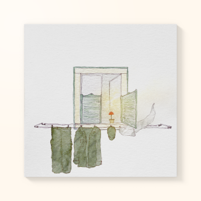 Ilustração de janela com caixilhos verdes, planta com flor vermelha e roupa verde pendurada no varal