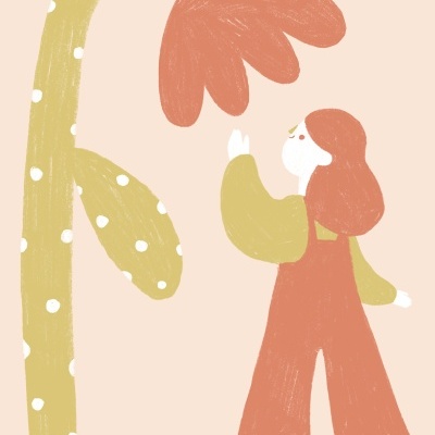 Ilustração de figura humana e flor gigante em tons pastel