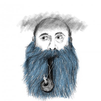 Desenho de homem com barba azul e cachimbo