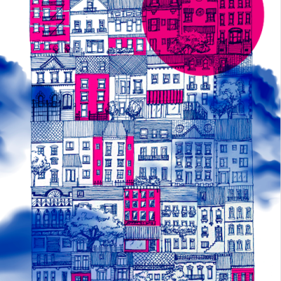 Ilustração de fachadas de prédios em azul e rosa com árvores estilizadas