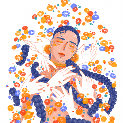 Ilustração colorida de pessoa com cabelo trançado azul e mãos ao redor em fundo branco