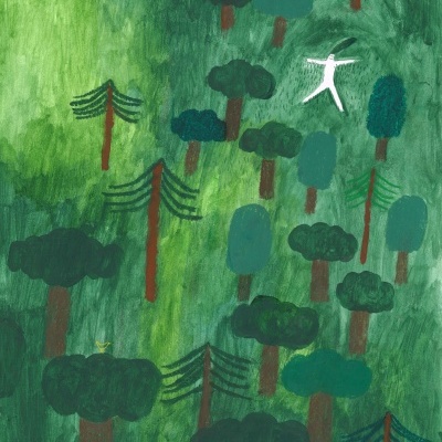 Ilustração de floresta com árvores e figura humana branca