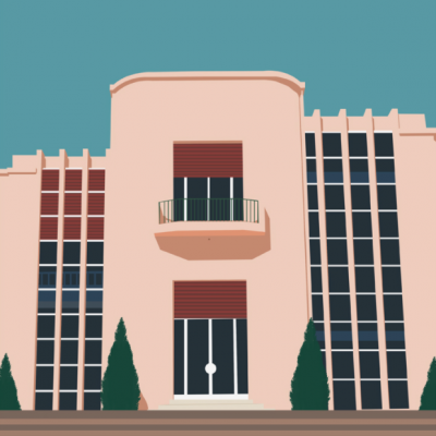 Ilustração de edifício cor-de-rosa com janelas e persianas castanhas e texto SERRALVES.