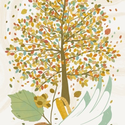 Ilustração de árvore com folhas coloridas e asa branca de pássaro