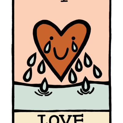 Ilustração com coração castanho feliz a chorar, texto 'I' e 'LOVE' em cartão de fundo rosa